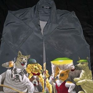 VINTAGE DOGS PLAYING POOL BUTTON DOWN
